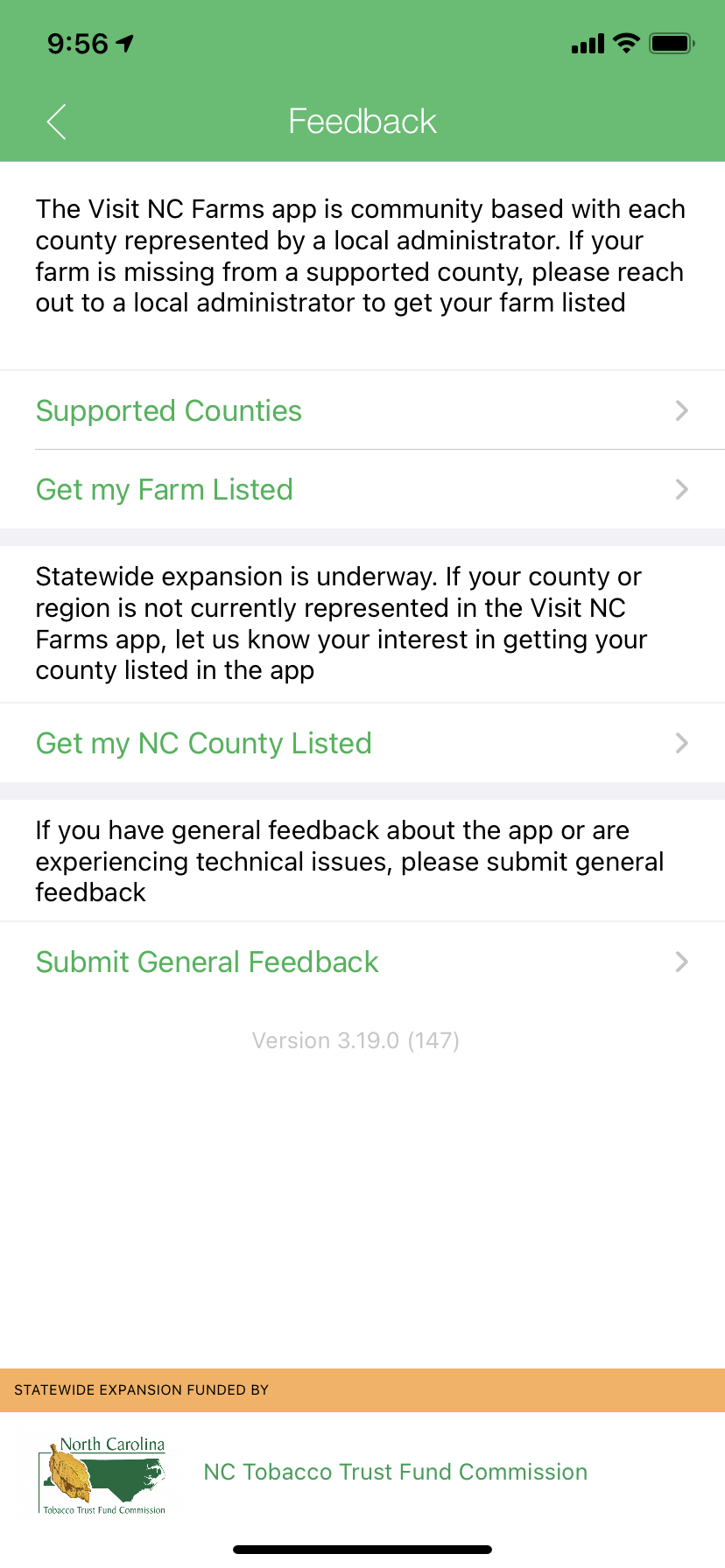 Feedback page of the Visit NC Farms app