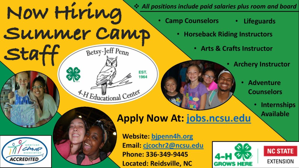 Hiring for Summer Camp at BJP N.C. Cooperative Extension