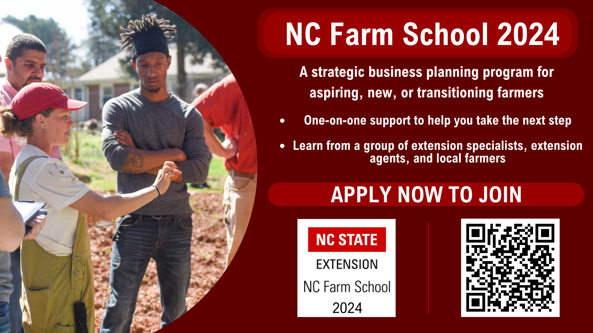 NC Farm School 2024 Flyer , benefits of attending farm school, QR code