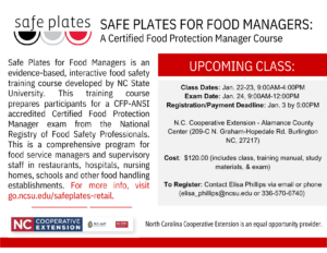 Cover photo for Safe Plates for Food Managers Class in Alamance County - January 2024