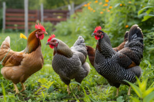 3 Chickens standing in grass