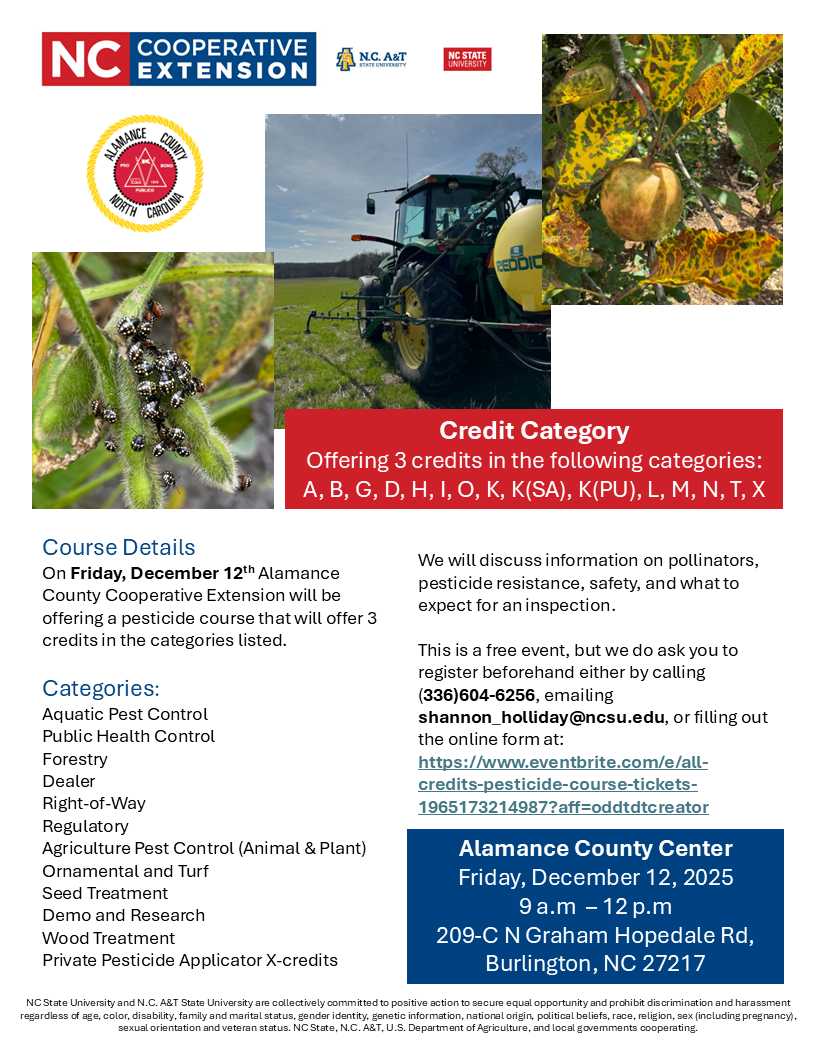 Pesticide credit course offering 3 credits of category: A, B, G, D, H, I, O, K, K(SA), K(PU), L, M, N, T, X.